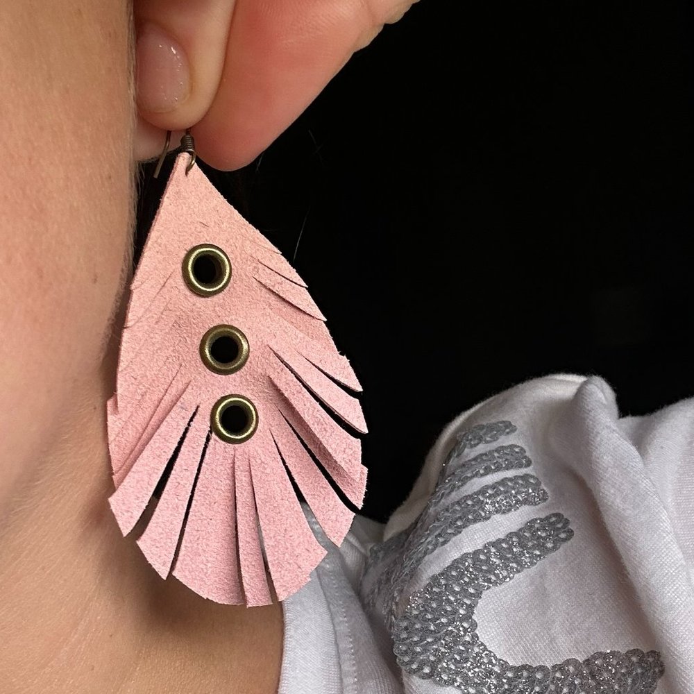 Handmade Suede Feather Earrings with Eyelets